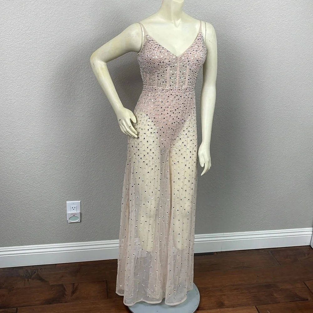 NWT Mac Duggal Sheer Nude Beaded Corset Bodysuit Jumpsuit Wide Leg Sample Sz 2